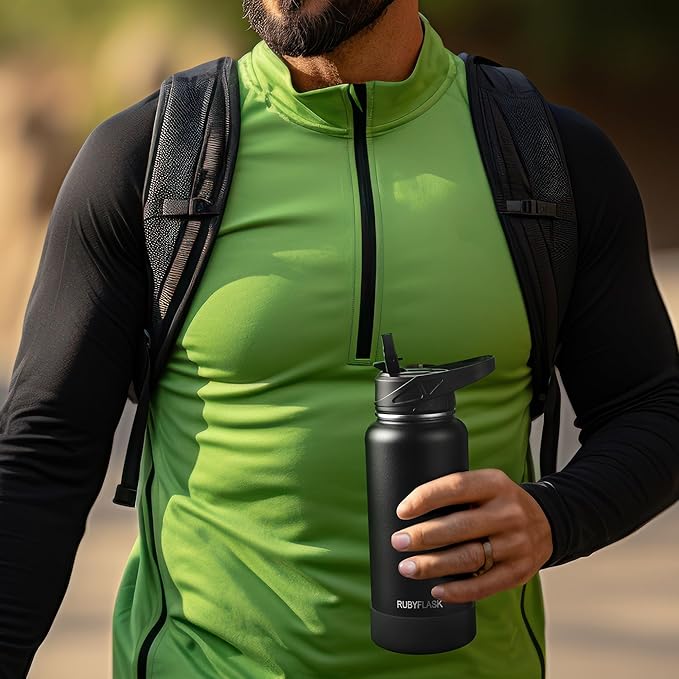 32oz Insulated Water Bottle with Straw, Stainless Steel Metal Vacuum Water Flask, Large Thermal Water bottle with Leakproof 3 Lids for Travel, Camping, Gym Sports Black