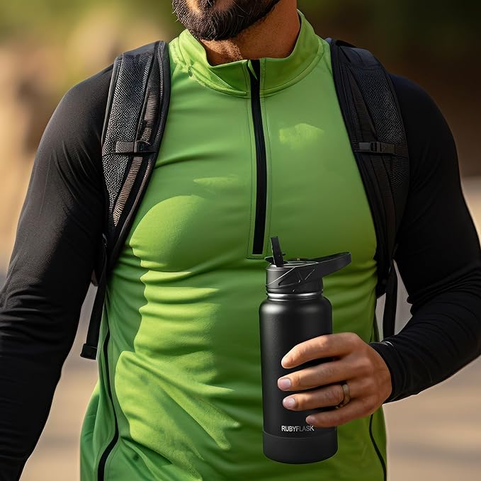 40oz Insulated Water Bottle with Straw, Stainless Steel Metal Vacuum Water Flask, Large Thermal Water bottle with Leakproof 3 Lids for Travel, Camping, Gym Sports Indigo Black