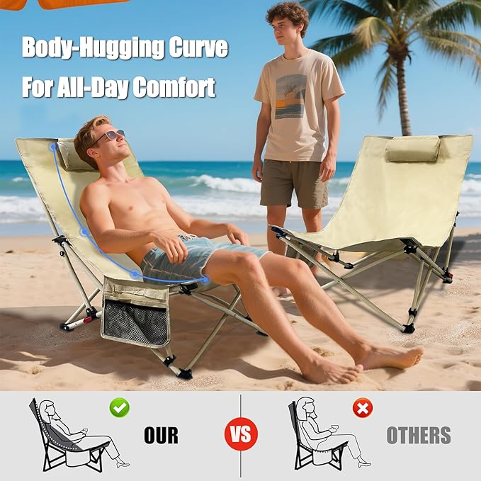 Oversized Backpack Beach Chairs 2 Pack with 4 Position Lay Flat Portable Low Camping Chairs with Headrest&Side Pocket Folding Reclining Chairs for Beach Lawn Outdoor