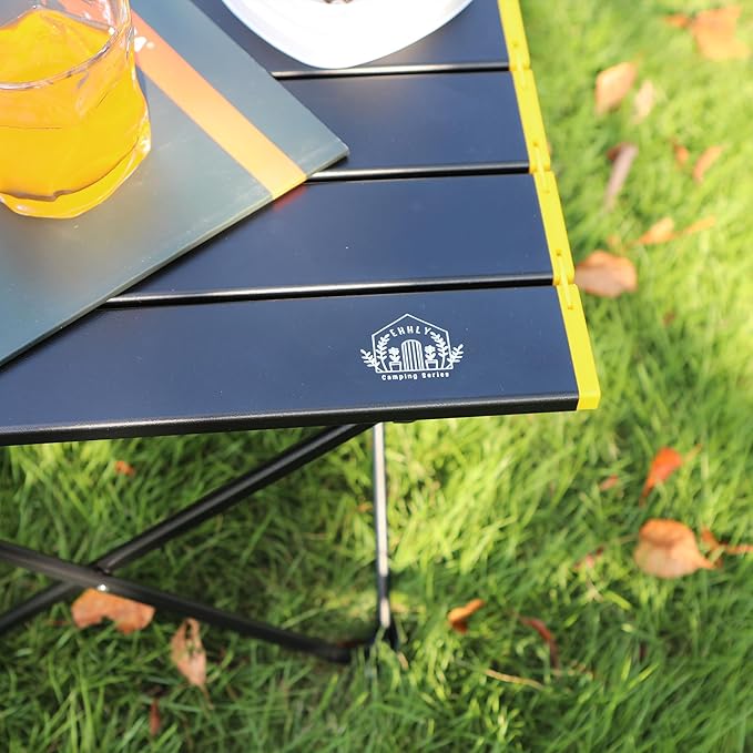 Portable Folding Camping Table, Large Compact Aluminum Beach Picnic Table, Lightweight Collapsible Outdoor Camp Tables That Folds & Rolls Up, Beach Gear Essentials Camp Accessories, Black