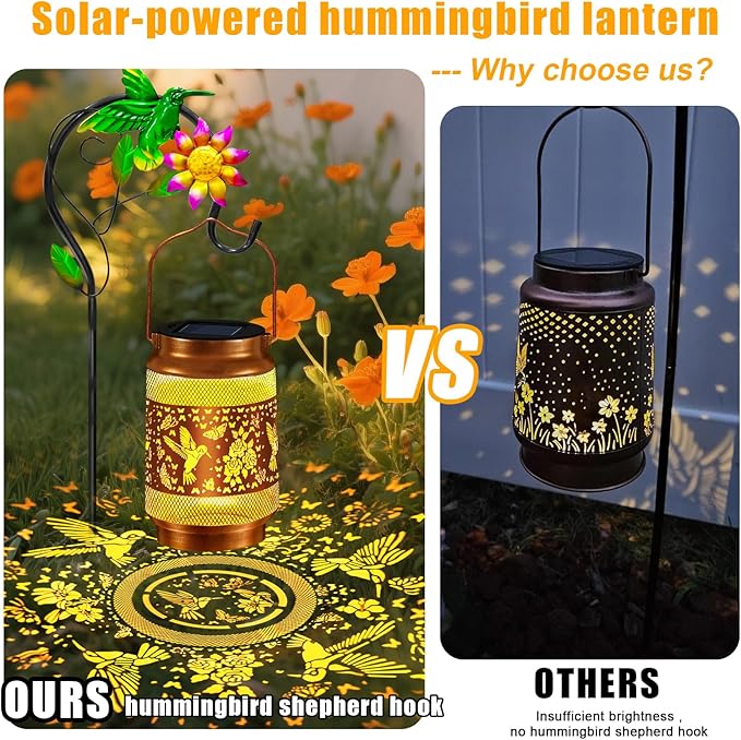 Hummingbird Solar Lanterns Outdoor Waterproof, Hanging Solar Lights Garden Lanterns with Shepherd Hook, Metal Garden Decor for Yard, Patio, Lawn, Landscape, Gifts for Women Mom Mothers Day