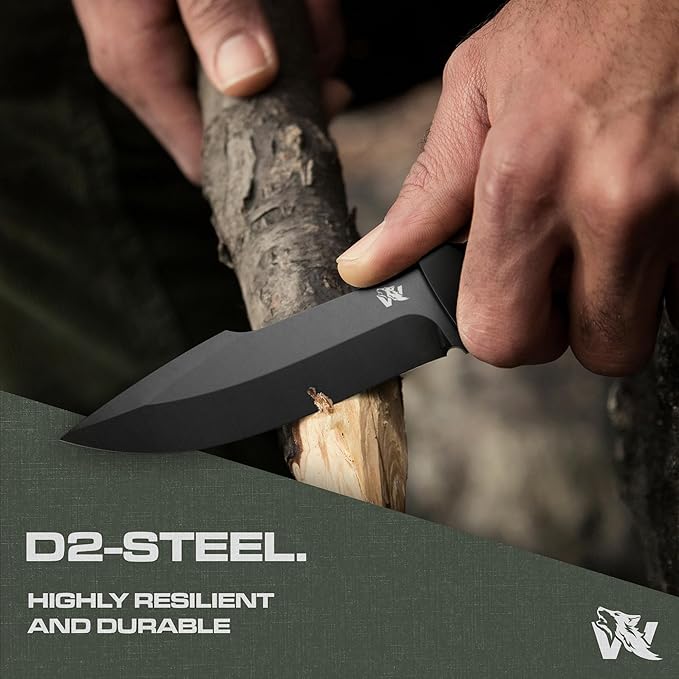 WOLF-III Full Tang Survival Knife with Fire Starter and Sheath - Stylish Tactical Fixed Blade - Made of D2 Steel - Bushcraft and Camping Knife - With Belt Loop, Plug Lock & Multi Lok