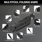 7-in-1 Tactical Survival Knife - Glass Breaker, Seatbelt Cutter, Serrated Steel Blade, Firestarter, LED Flashlight, Bottle Opener & Pouch | Military, Emergency, Outdoor Rescue Gear (Black)