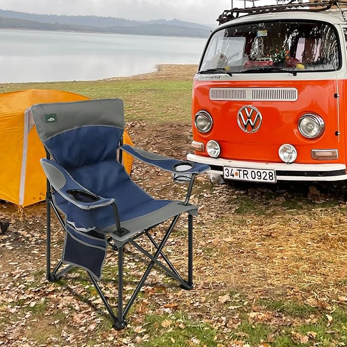 Oversized Folding Camping Chair,Heavy Duty Padded Portable Lawn Chair,Soft&Comfortable,Tear-Resistant Fabric,w/2Extra Large Cup Holder,Storage Pocket,Carry Bag,Outdoor Beach Garden Fishing.Dark Blue