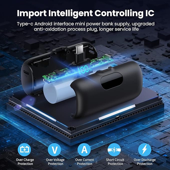 Mini Portable Charger 5000mAh Power Bank,15W PD USB C Cell Phone Portable Power, LCD Display Battery Pack Compatible With iPhone 15/15 Plus/15 Pro/15 Pro Max/Android/Samsung/Moto/LG (Type-C Only)