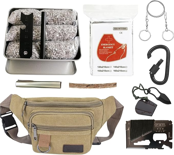 Survival Fire Starter Kit – 6 Bags Magnesium Shavings, 3.15" Ferro Rod, Wax Rope, Emergency Blanket, 14-in-1 Multi Tool Card, Wire Saw, Outdoor Camping Hiking Gear with Waist Bag