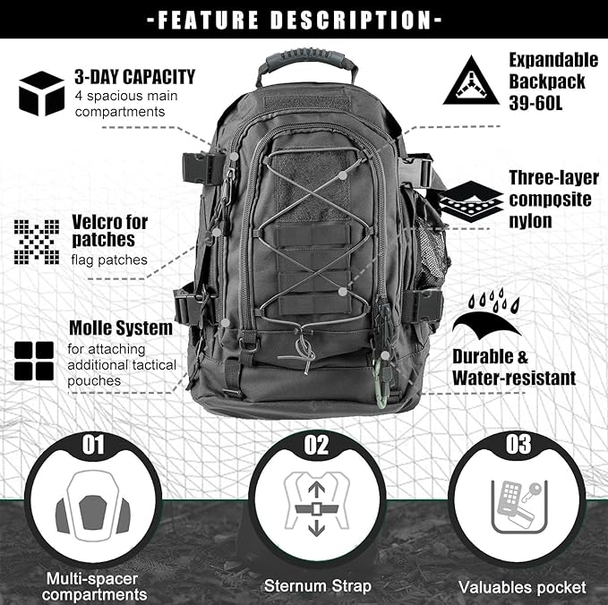 Tactical Backpack Military Hiking Daypack - Molle Backpack for Men 3 Day Assault Pack Bug Out Bag for Camping (Grey)