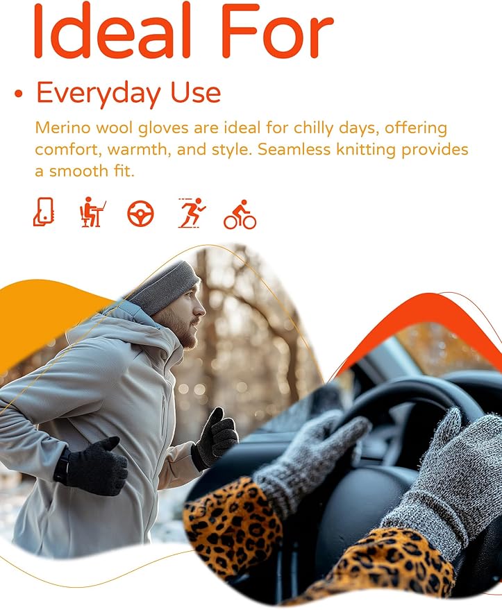 Merino Wool Gloves, Touch Screen Liner Base Layer Warm Gloves with Thermal Soft Knit Lining for Driving Running Hiking L (Black Gray)