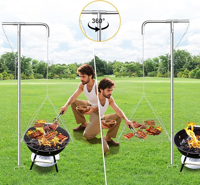 Stainless Steel Campfire Grill - Adjustable Height,360° Rotatable & Foldable Camp Fire Cooking Equipment,Heavy Duty Portable Outdoor Open Flame Grilling Rack for Camping