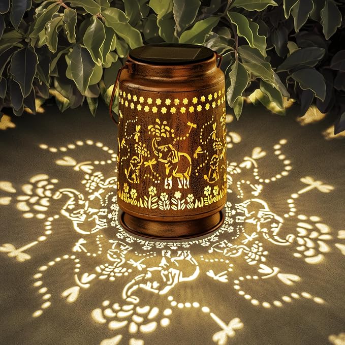 Nacome Elephant Solar Lanterns for Garden Decor: Waterproof Hanging Metal Decorations with LED Lights for Yard Lawn Porch Patio Landscape Pathway