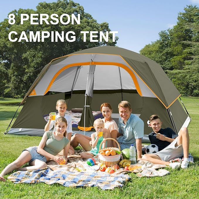 CAMPROS CP Tent 8 Person Camping Tents, Waterproof Windproof Family Tent with Top Rainfly, Large Mesh Windows, Double Layer, Easy Set Up, Portable with Carry Bag, for All Seasons