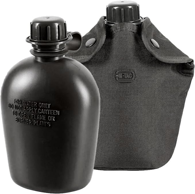 M-Tac Canteen Water Bottle - 1 Quart Water Canteen (34 Oz/1L) - Tactical Water Bottle for Military Hiking Camping Survival (Bottle & Cover Black)