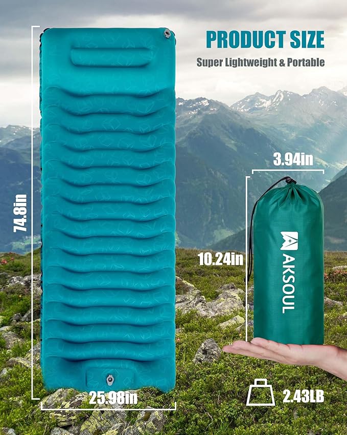 AKSOUL Sleeping Pad Ultra-Thick - Inflatable Sleep Mat, Lightweight & Compact 4.72 in Air Mattress with Pillow, Self-Inflating with Built-in Foot Pump for Traveling, Hiking, Camping (Blue)