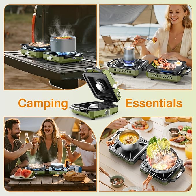 ODSD 2 Burner Camping Stove with Windshield, 20000 BTU Propane Camp Stove, Portable Folding Gas Stove, Camping Essentials Gears Includes Frying Pan, Coffee Stand & Carry Bag, Green