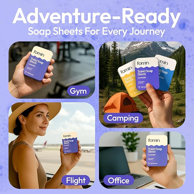 FOMIN - Antibacterial Paper Soap Sheets for Traveling - 100 Lavender Portable Hand Soap Sheets for Travel in Tin - Dissolvable Mini Portable Travel Soap Sheet for Hand Washing, Camping and Hiking