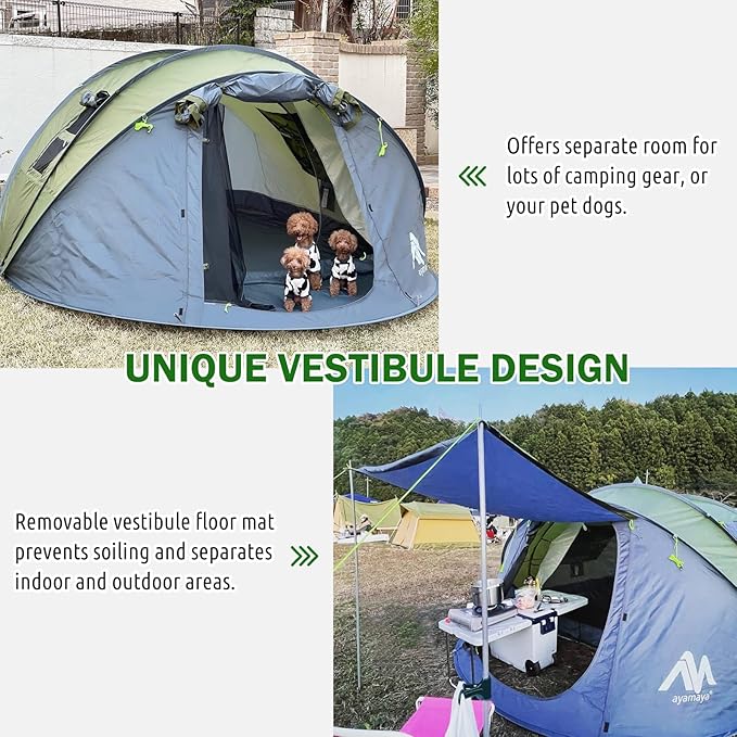 6 Person Pop Up Tents for Camping - AYAMAYA Waterproof Instant Tent Upgraded 2 Doors with Vestibule & Porch, Double Layer Large Size Family Easy Tent Automatic Setup for 4-6 People Camping Hiking