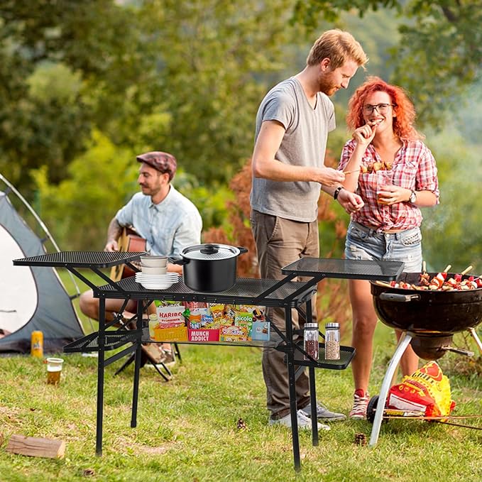 CDEN Camping Table, Campact Table, Folding Portable Tables, Tailgate Tables, with Side Table, 4 Side Shelves, mesh net, for Camping, Picnic, BBQ