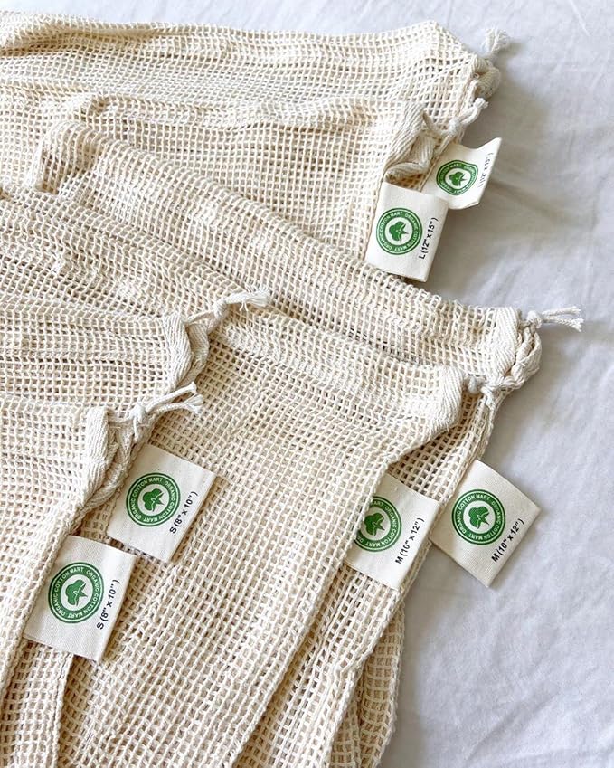 Reusable Mesh Produce Bags - 8 Pack, 100% Organic Cotton Reusable Net Vegetable Bags - Environment-friendly & Washable Fruit, Vegetable & Produce Sacks (2 X Large, 2 Large, 2 Medium, 2 Small)