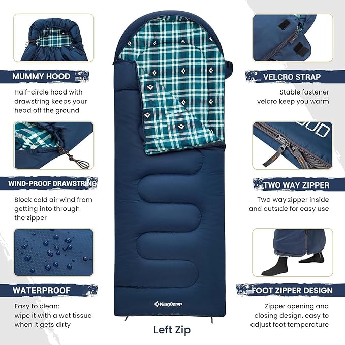 KingCamp Sleeping Bag for Adults, Cold Weather & Warm XL Big and Tall Flannel Sleeping Bags with Compression Sack Portable Waterproof Essentials Gear Accessories for Outdoor Camping