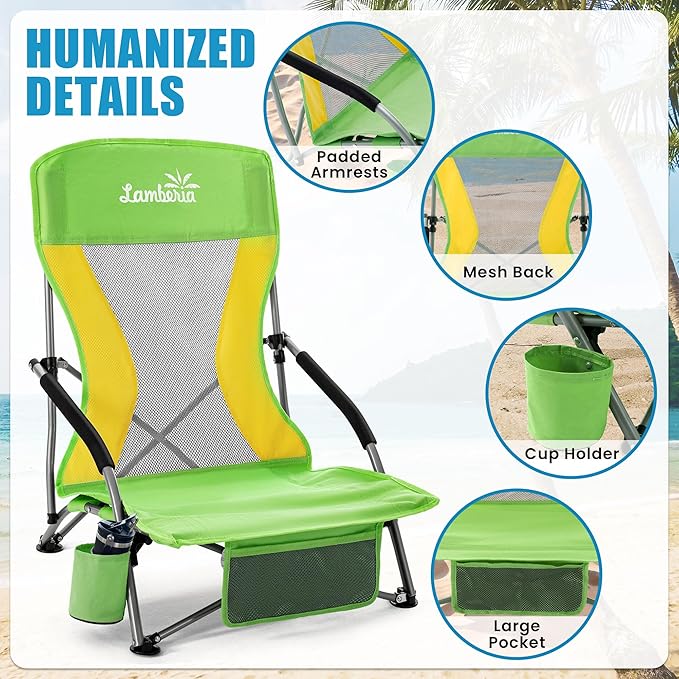 Lamberia Folding Beach Chair for Adults 2 Pack, Portable Low Beach Chairs with 300lbs Capacity, Lightweight Fodable Camping Chair for Travel, Picnic, Concert & Outdoor Activities,Green-Yellow