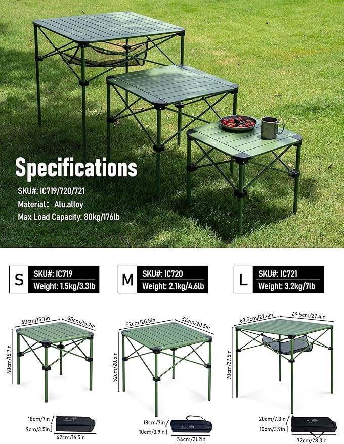 iClimb Lightweight Stable Alu. Folding Square Table Roll Up Top with Carry Bag for Camping Picnic Backyards BBQ Camp Kitchen (Green, S)