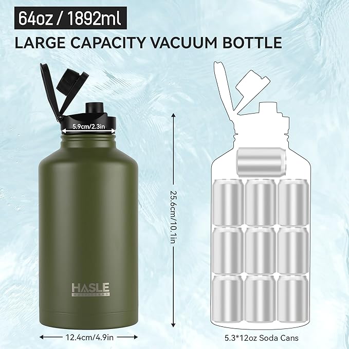 HASLE OUTFITTERS Half Gallon Insulated Water Bottles 64 oz, Stainless Steel Metal Water Jug with 2 Lids Keep Cold 48h/Hot 24h, Leak Proof & BPA-Free Water Flask Jug(Army Green,1)