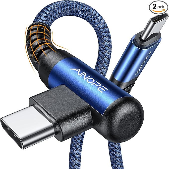 AINOPE USB C Cable 60W 2-Pack 6.6ft Nylon Braided USB C to USB C Cable Type C Charger Fast Charging Right Angle USBC Cable Charger Cord for iPhone 16 Pro Max 15 Plus Samsung S24 S23 iPad Pro Blue