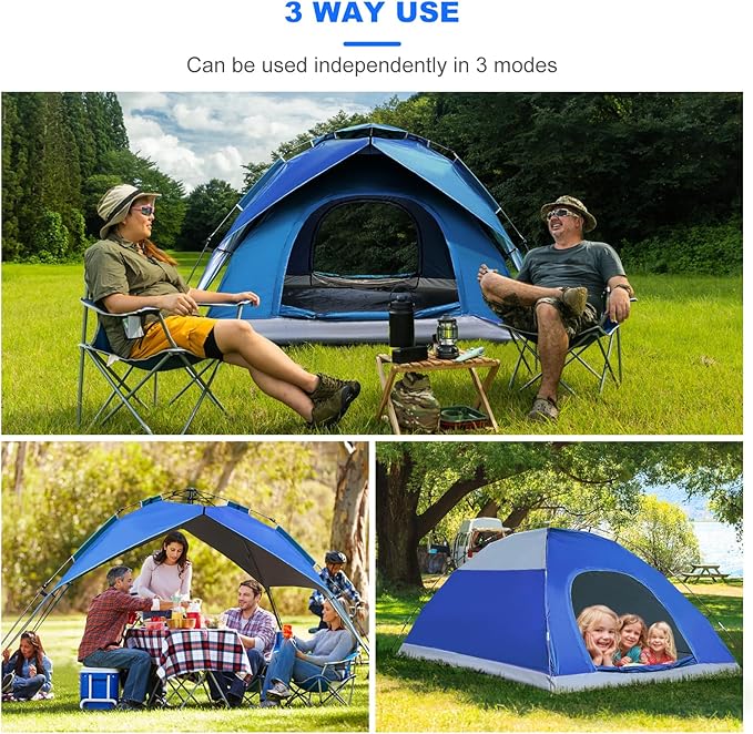 3-in-1 Instant Pop Up Tents for Camping, 2/4/6 Person Camping Tent,60s Automatic Quick Easy Setup Tent, Waterproof Stand Up Family Tents for Camping,Outdoor, Hiking,Beach