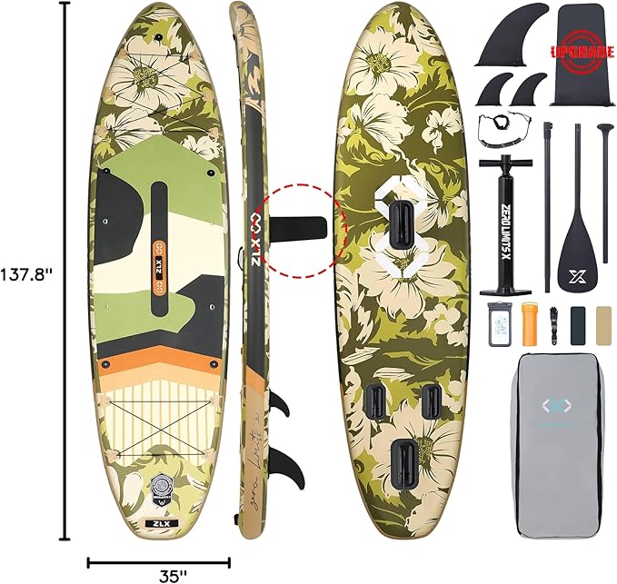 ZLX 11'6" Extra Wide Inflatable Stand Up Paddle Board SUP, Stable Non-Slip Deck Pad, Unique Fin System and Premium iSUP Accessories - Portable Backpack & Upgraded Pump for Adults, All Skill Levels