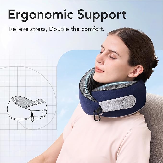 Travel Pillow, 100% Pure Memory Foam Travel Neck Pillow Airplane Neck Support Ergonomic Design for Traveling Suitable for Airplanes,Offices and Cars-Navy Blue