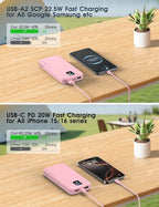 Portable Charger, 12000mAh 22.5W Fast Charging Power Bank with Built-in Cables & Wall Plug, Travel Essential Battery Pack with LED Display, USB C Battery Phone Charger for iPhone, iPad, Samsung Pink