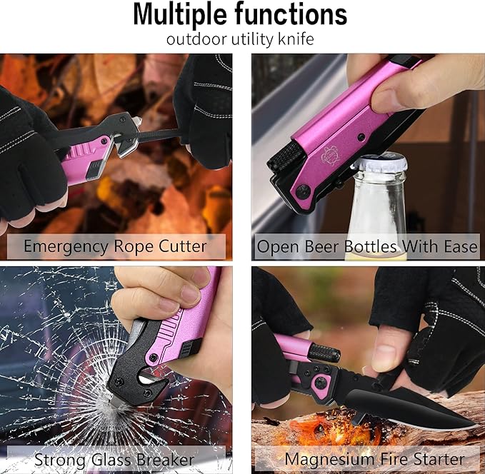8.5" Military Outdoor Hunting Camping Pocket Knife, 7 in 1 Multi-Function Folding Knives with Fire Starter LED Light Seatbelt Cutter Glass Breaker Bottle Opener Tactical Blade (Pink)