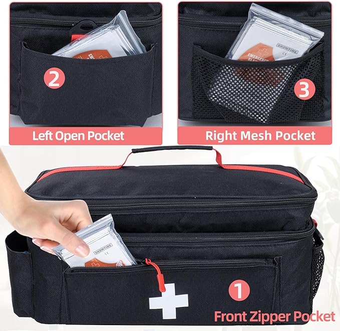 First Aid Bag Empty Large Medical Bag with Shoulder Strap 16”x 9.5” x 7” Medicine Organizer Travel First Aid kit Emergency Supplies Storage Bag for Car, Home, Office, Outdoor (Black)