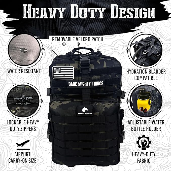 AMERICANPHOENIX 45L Elite Tactical Backpack | 3X Stronger Work & Military Backpack | Water Resistant and Heavy Duty | 3 Day MOLLE Bug Out Bag (Dark Forest)