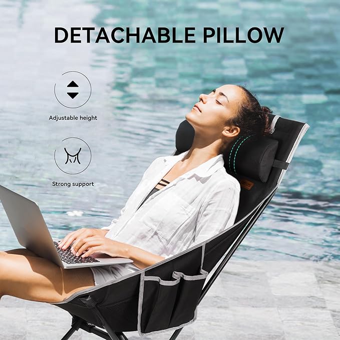 TOBTOS Portable High Back Camping Chair, Support Heavy Duty 440 lbs, Compact Folding Chair with Detachable Pillow for Camp, Hiking, Backpacking (Black)