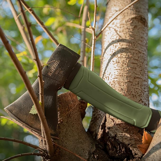 KSEIBI Hatchet with Sheath, Camping Axe for Splitting and Kindling Wood, Forged Steel Blade with Anti-Slip and Shock Reduction Handle Great Throwing Hatchets (Sausalito Green)