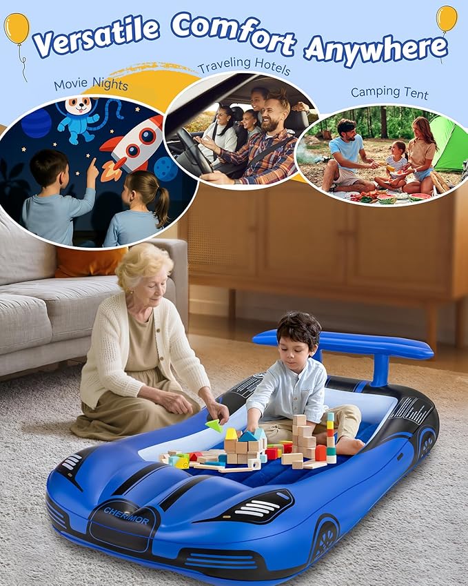 Inflatable Toddler Travel Bed with Safety Bumpers & 2 Mins Auto Inflation Pump, Portable Toddler Kids Air Mattress with Carry Bag for Home Grandma's Sleepovers Travel Camping, 330lbs Support