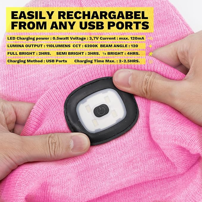 VIBELITE LED Beanie Hat with Light, USB Rechargeable LED Headlamp, Gifts for Men, Him, Husband, Boyfriend, Gifts for Dad, Husband, Father, Pink