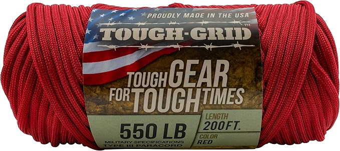 TOUGH-GRID 550 Paracord Rope Nylon Parachute Cord, Made in USA Survival Kit, Outdoor Adventures, Camping, Tactical Gear & Emergency Supplies, Military Type III Mil-Spec