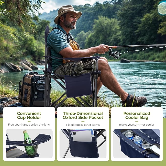 ALPHA CAMP Oversized Camping Chair Heavy Duty Lawn Chair with Cooler Bag Support 450 LBS Steel Frame Collapsible Padded Arm Quad Lumbar Back Folding Chair for Lawn Outdoor