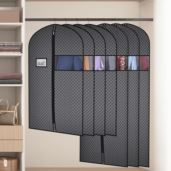 Univivi Suit Bags for Closet Storage and Travel, 40 Inch Hanging Garment Bags for Men Suit Cover with Clear Window and ID Card Holder for Suit Jacket, Shirt and Coat, 5 Pack, Black