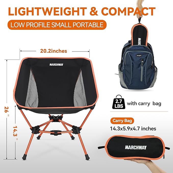 MARCHWAY Lightweight Folding Camping Chair, Portable Foldable Compact for Outdoor Camp, Travel, Beach, Picnic, Festival, Hiking, Backpacking, Supports 330Lbs (Orange)