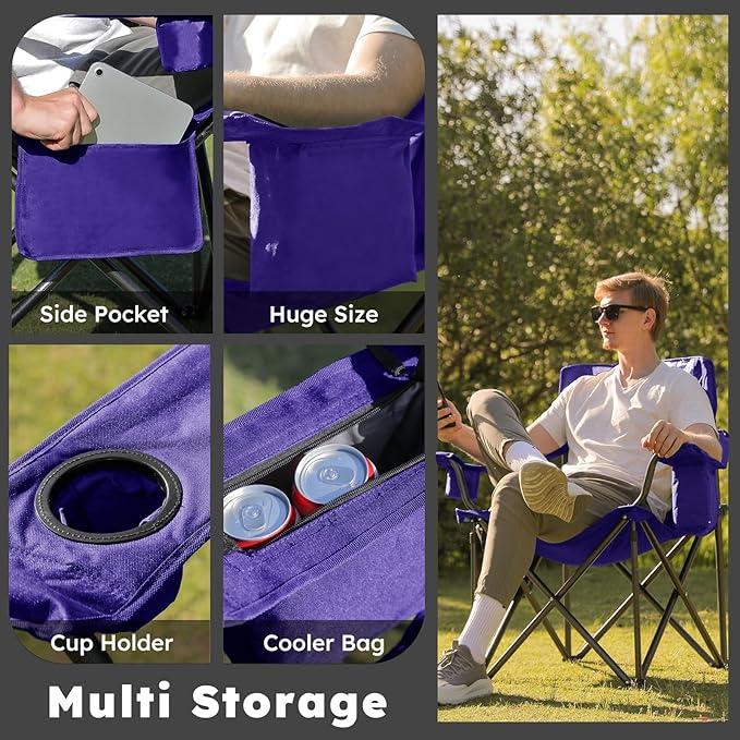 Colegence Heavy Duty Camping Chair for Adults, Oversized Foldable Outside Camp Chairs Carry Bag Included, with Cooler Bag Cup Holder, Side Pocket for Lawn,Sport,Outdoor,Deep Purple