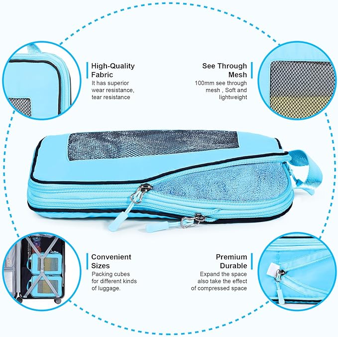 7 Set Compression Packing Cubes Packing Organizer for Travel,Travel Accessories for Carry on Luggage Suitcase Backpack Expandable Organizers