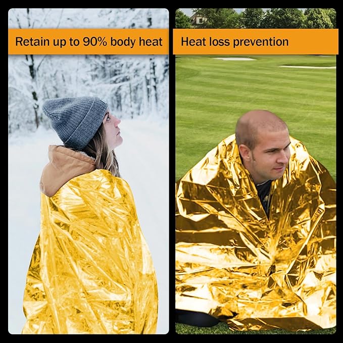 12-Pack Emergency Mylar Thermal Blankets, 82"x62" Space Blankets Foil Blanket, XL Camping Blanket for Outdoors, Hiking, Survival kit, Bug Out Bag，Marathons or First Aid, Golden