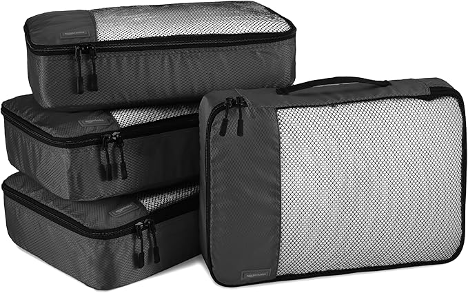 Amazon Essentials 4-Piece Packing Cubes Travel Accessories Set, Luggage Organizer with Double Zipper, Mesh Top, 100% Polyester, Medium, Black (Previously Amazon Basics)