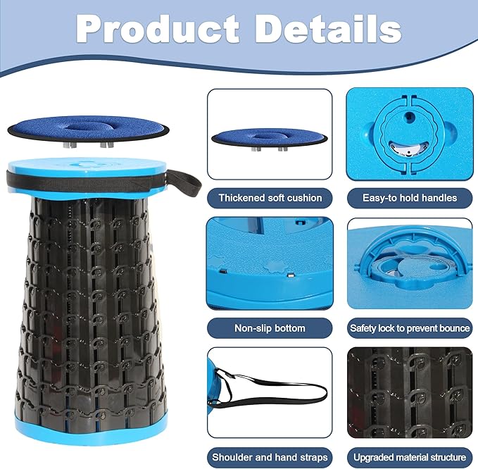 ALEVMOOM 2025 Upgraded XXL 19.7" Collapsible Stool with Cushion, 1000lbs Max Weight Heavy Duty Portable Telescoping Stool, Retractable Seat Folding Chair for Camping Fishing Hiking(Blue-XXL)