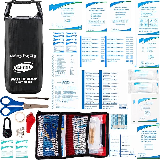 Waterproof First Aid Kit Roll Top Boat Emergency Kit with Waterproof Contents for Fishing Kayaking Boating Swimming Camping Rafting Beach Black