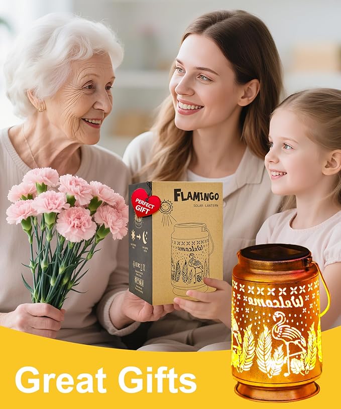 Nacome Flamingo Solar Lantern for Garden Decor: Waterproof Hanging Metal Decoration with LED Lights for Yard Lawn Porch Patio Landscape Pathway – Birthday Gifts for Mom Grandma Women