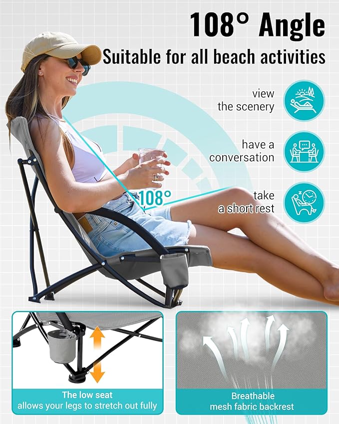 KingCamp Low Beach Chairs, Portable Folding Chair for Adults Extra Wide Ergonomic High Back Seat 300lbs Heavy Duty Lightweight Oversized Gear with Carry Bag for Outdoor Lawn Camping Picnic